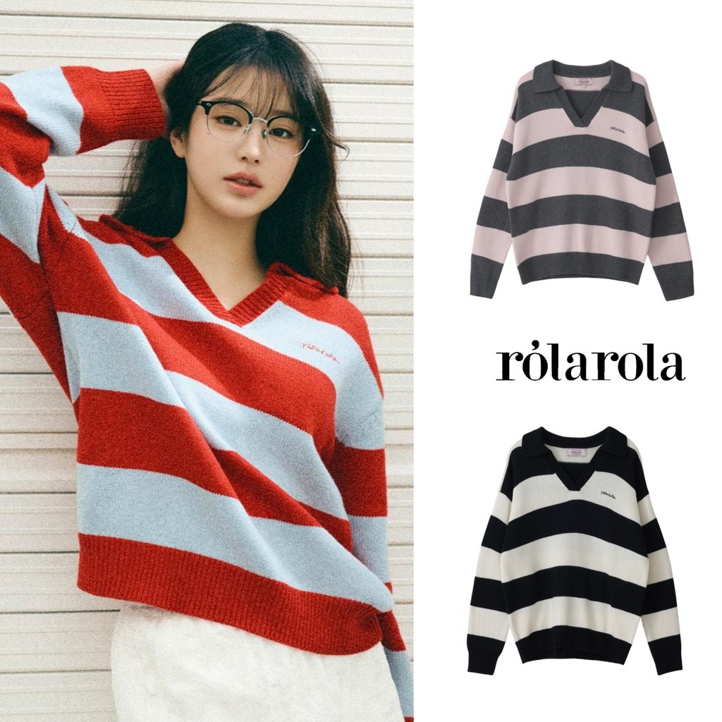 Rolarola Jang Won-young's same style of Korean casual fashion Polo Collar embroidery V Striped colla