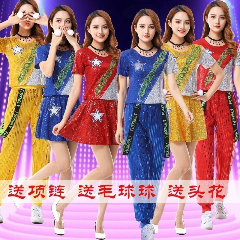 Nữ khiêu vũ biểu diễn Quần áo Vàng sáng bóng sequin Áo Váy bộ bling bling áo thun ngắn tay Quần