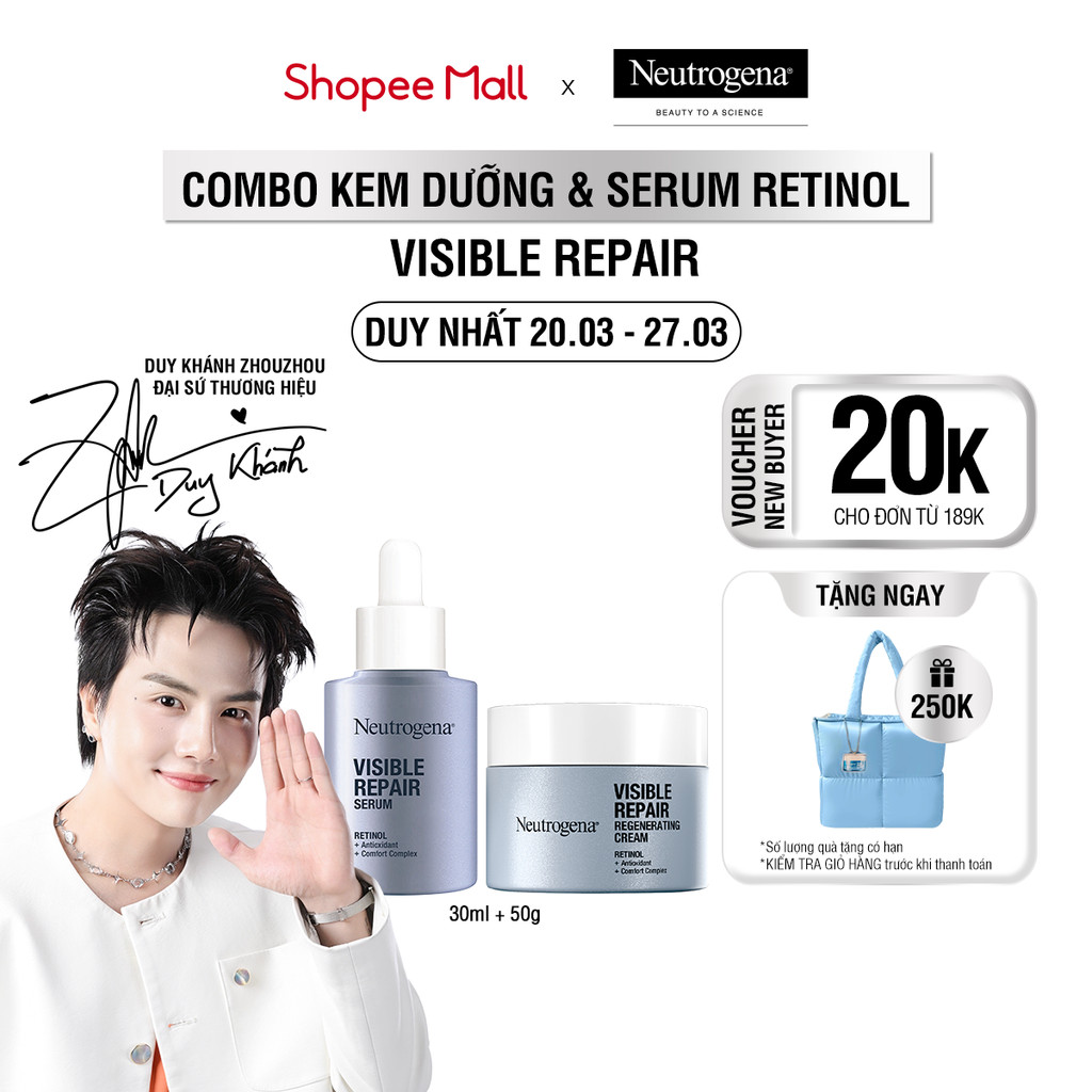 Bộ Sản Phẩm chăm sóc da Chống Lão Hóa Giảm Nhăn Neutrogena® Visible Repair Retinol (Kem Dưỡng 50g, Serum 30ml)