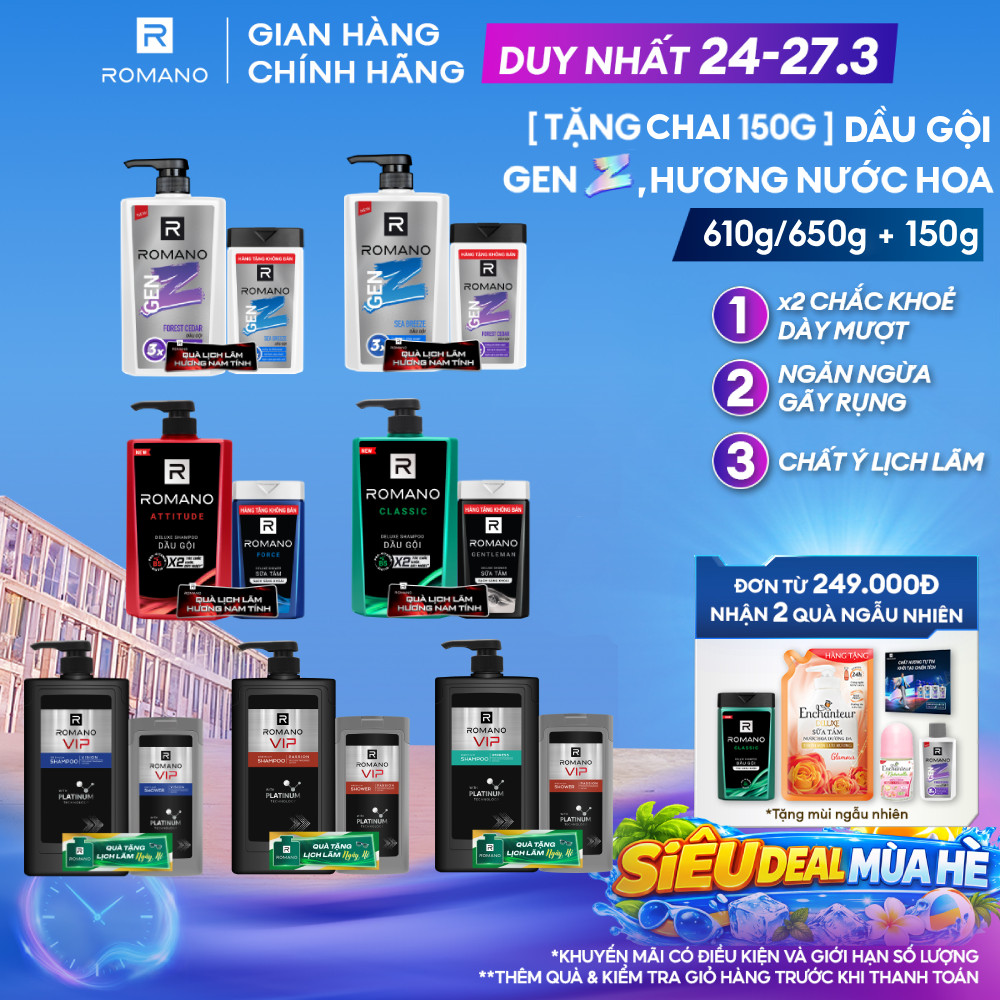 [TẶNG Chai 150G] Dầu gội nam Romano Gen Z hương Sea Breeze/Forest Cedar 610g/chai (Tặng mùi ngẫu nhiên)