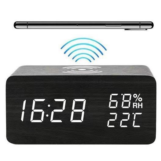 Popular~Wireless Charging Alarm Clock Multifunctional led Electronic clock creative gift wooden cloc