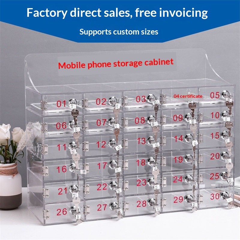 Mobile Phone Storing Compartment Transparent Acrylic Storage Box with Lock Mobile Phone Safe Box