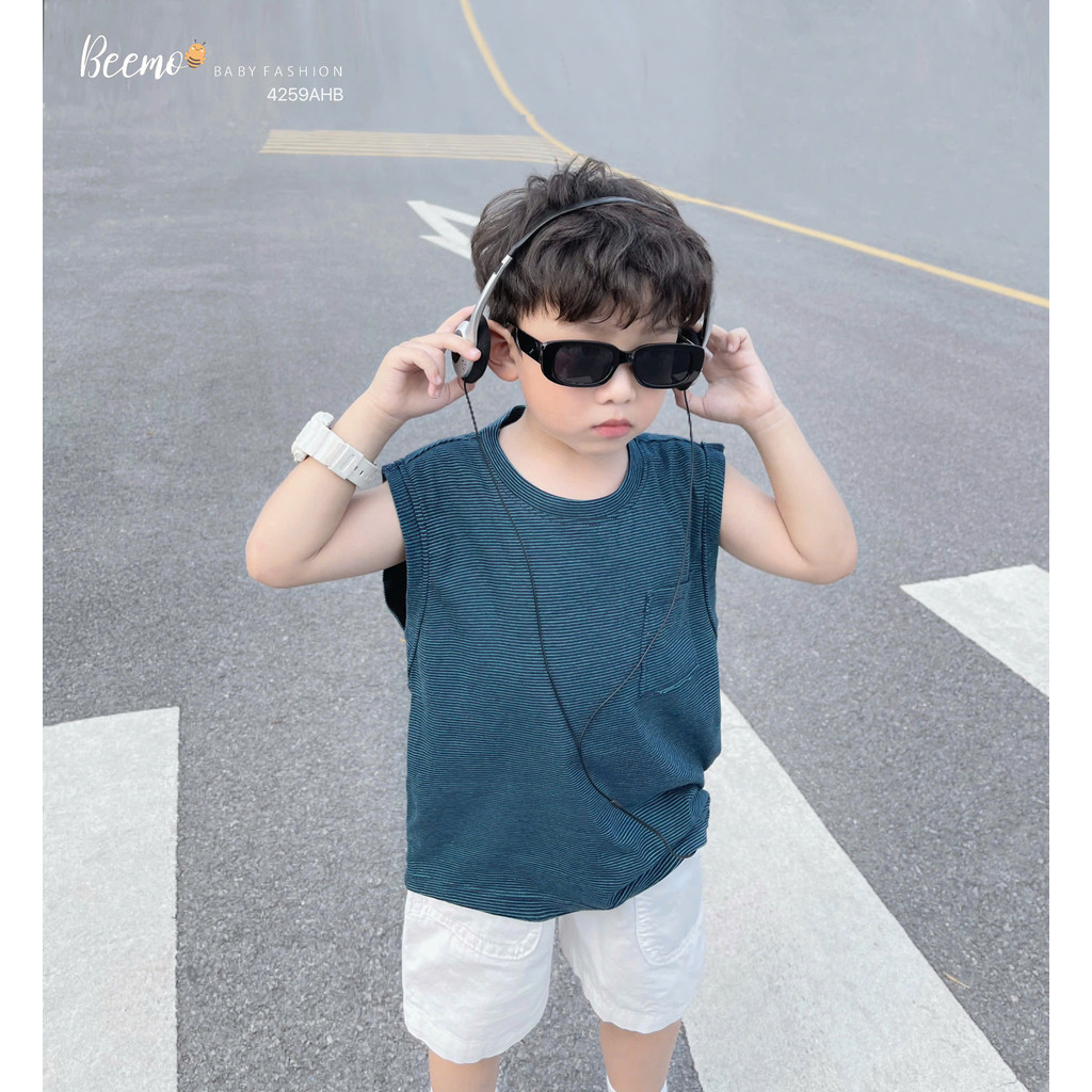 Áo thun ba lỗ bé trai BEEMO, Áo sát nách cho bé thiết kế kẻ ngang thấm hút mồ hôi 4259AHB