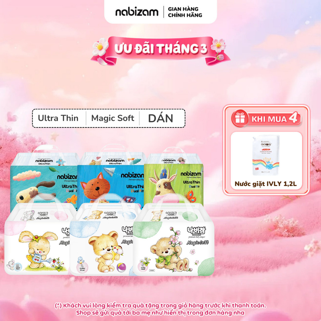 Combo 4 Bịch Tã/Bỉm Dán NABIZAM Cao Cấp Mỏng Nhẹ, Khô Thoáng Chống Tràn Tối Đa, Đủ Size Từ 4-15kg, 3