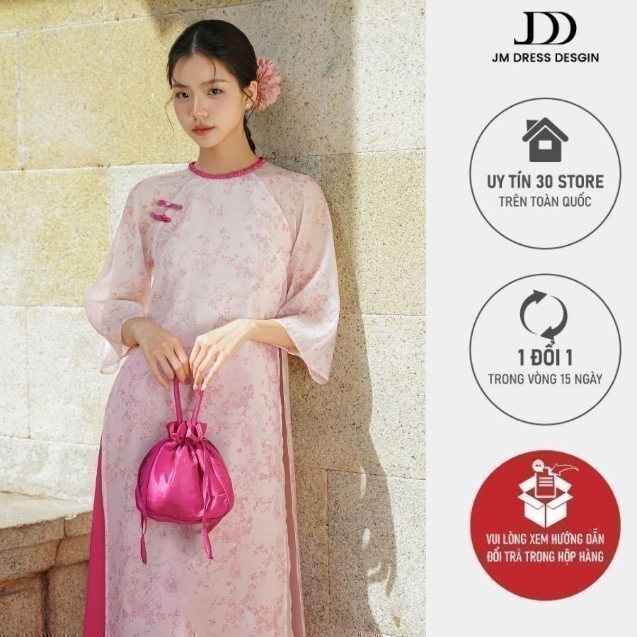 Áo dài Bạch Ngọc - Áo dài suông đính nơ in họa tiết 2M02.2410OG, áo dài cách tân thiết kế bởi JM Dre