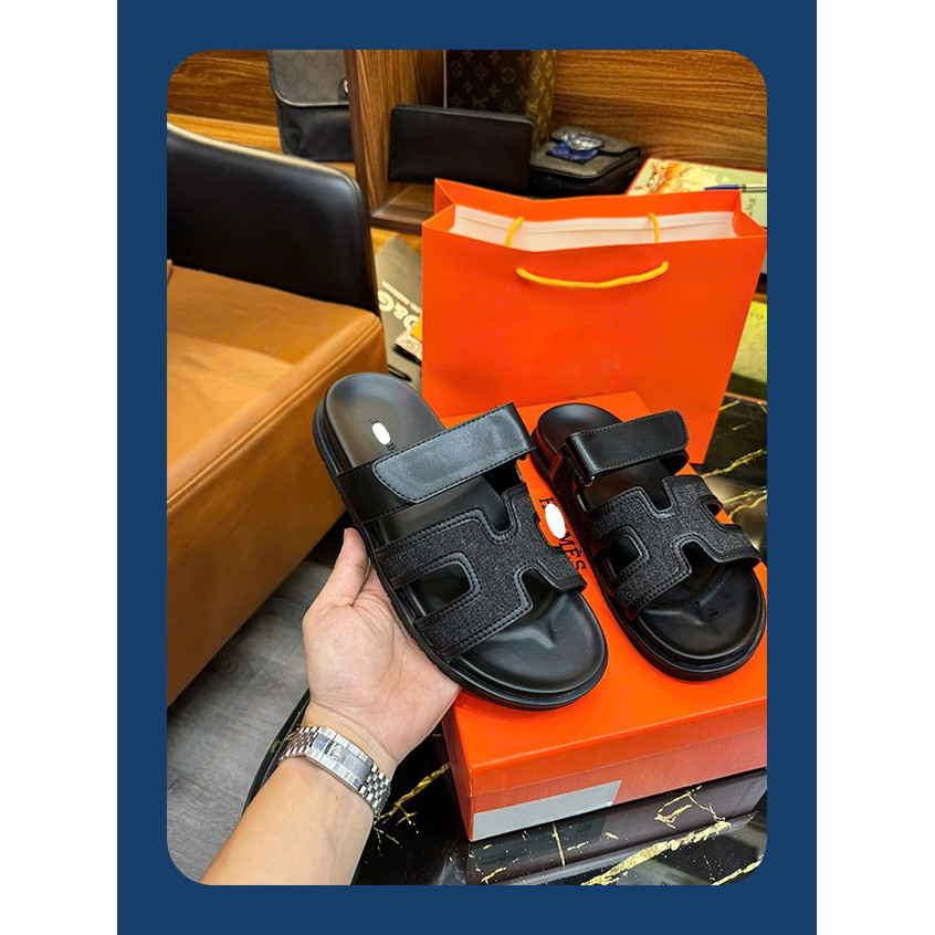 Dép Her.mec Đen Quai Dán , Dép HM Đen Vải Quai Ngang Bản Cao Cấp  -Tấn Phát Fashion