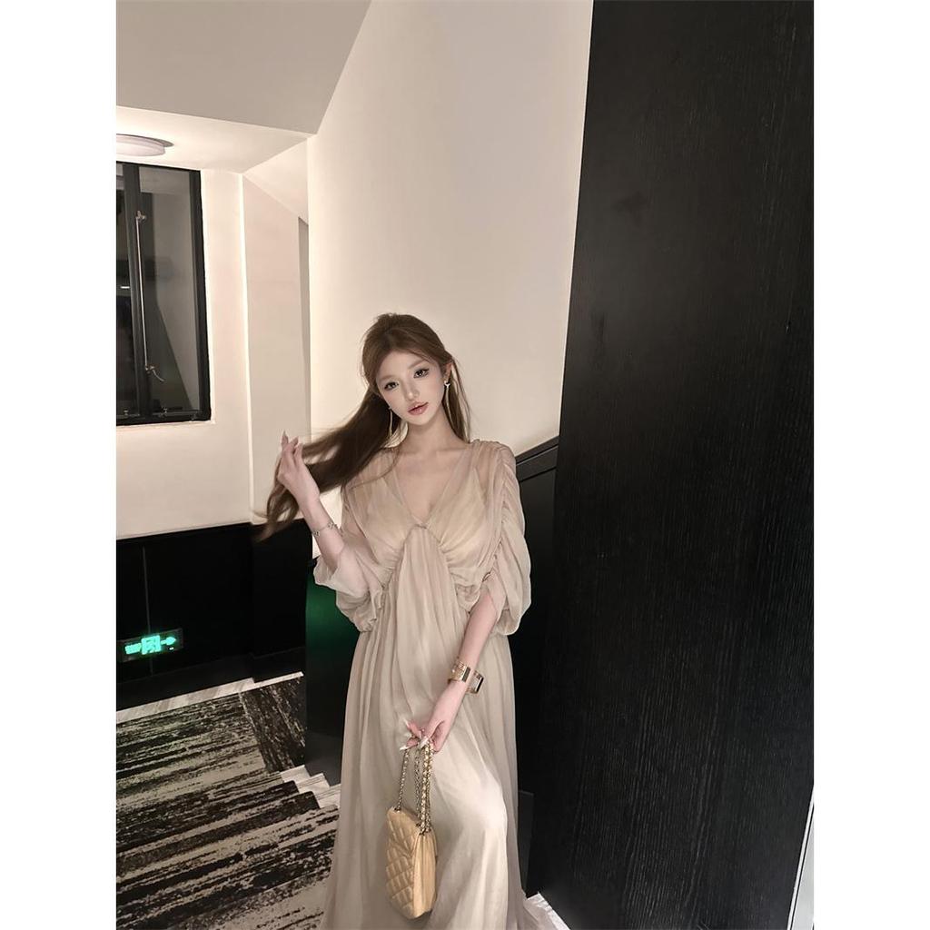 Váy maxi maxi nữ cổ chữ v lạnh lùng kiểu Pháp 'Elvira '