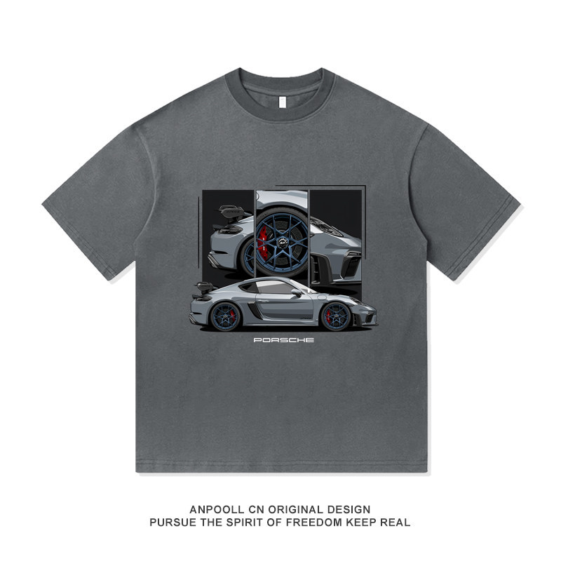 Porsche 718 Xe Thể Thao Sửa Đổi Áo Sơ Mi Văn Hóa GT4RS Carman In Hình Tay Ngắn 280G Cotton Nặng Ngắn