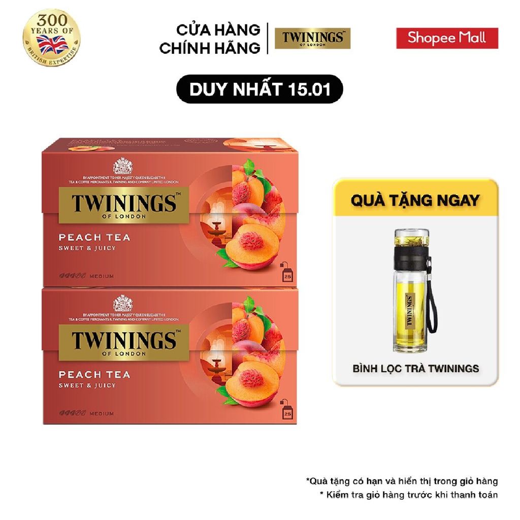 Combo 2 Trà Túi Lọc Vị Đào Twinings Peach Tea - Hộp 25 Gói 2G