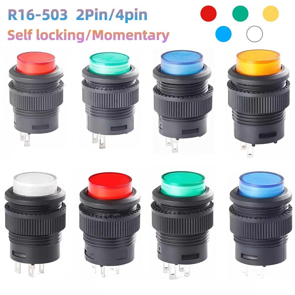 Bộ 5 Nút Công Tắc Nguồn R16-503 Xanh Vàng Trắng LED R16-503B R16-503A Chốt Đặt Lại Nút 2Pin 4Pin Tự 