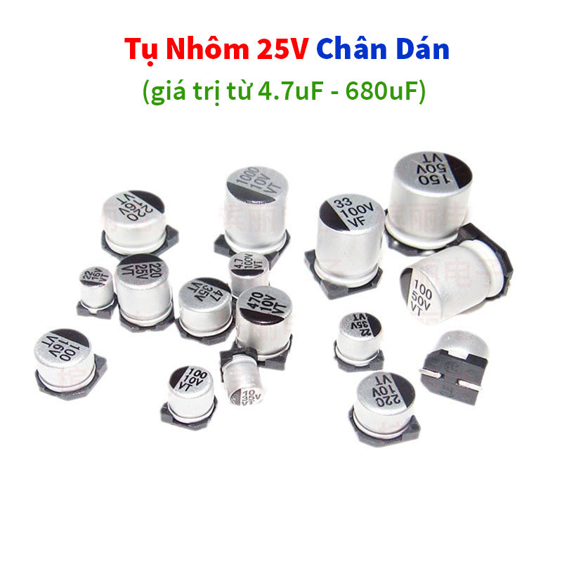 [Gói 5 Con] Tụ nhôm 25V, tụ nhôm dán 25V, tụ điện nhôm 25V chân dán SMD phân cực 4.7uF-680uF