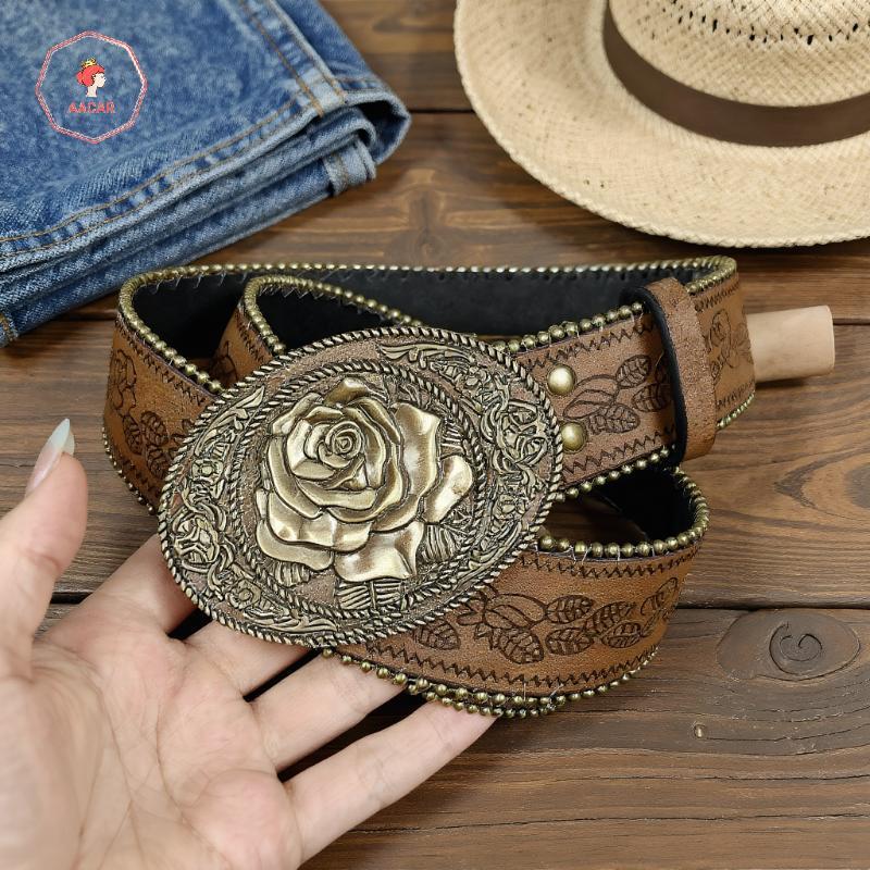 AACAR Vintage Khắc Bule Thắt Lưng Rộng Boho Nâu Nổi Thắt Lưng Quần Jean Phương Tây Thắt Lưng *