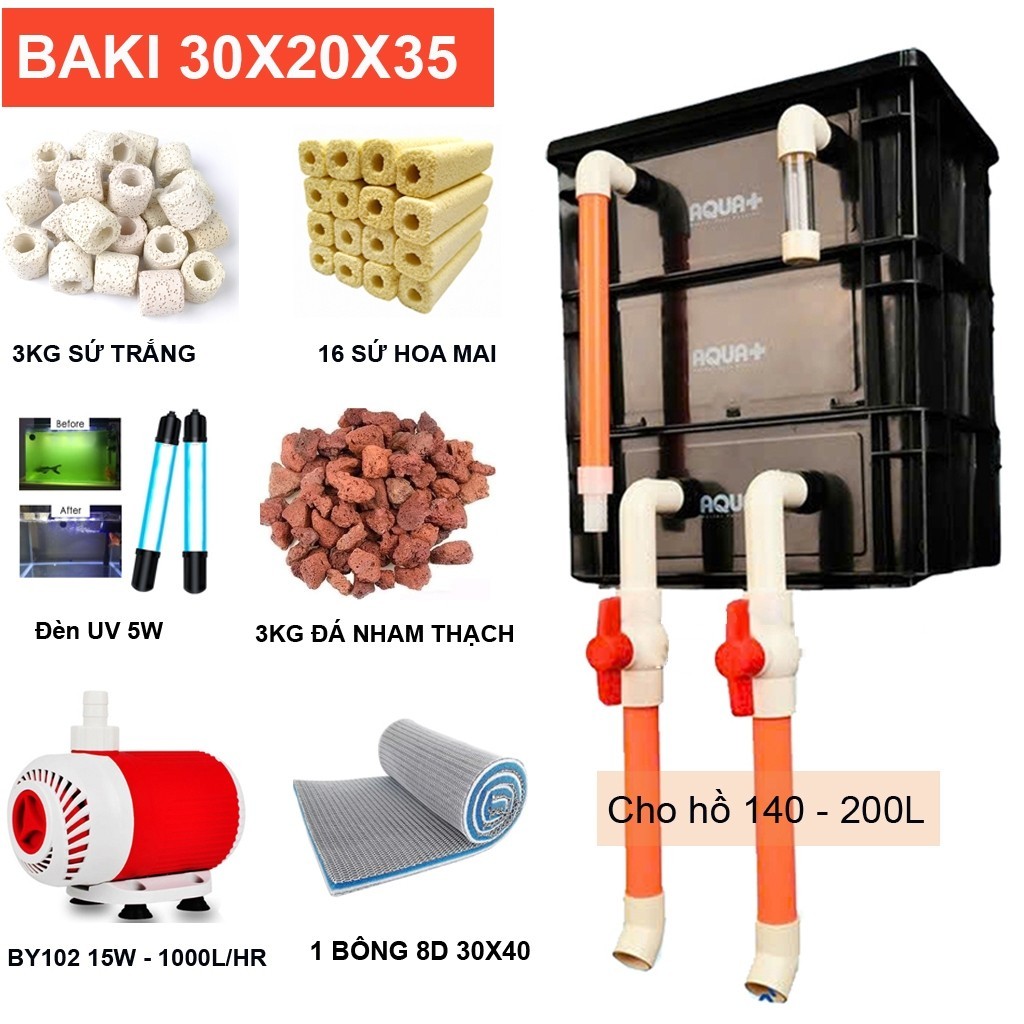 Bộ Lọc Hồ Cá Koi 140-200L Trọn Gói: Thùng Bakki 3 Tầng, Bơm Baoyu 15W, Đèn UV & Vật Liệu Lọc