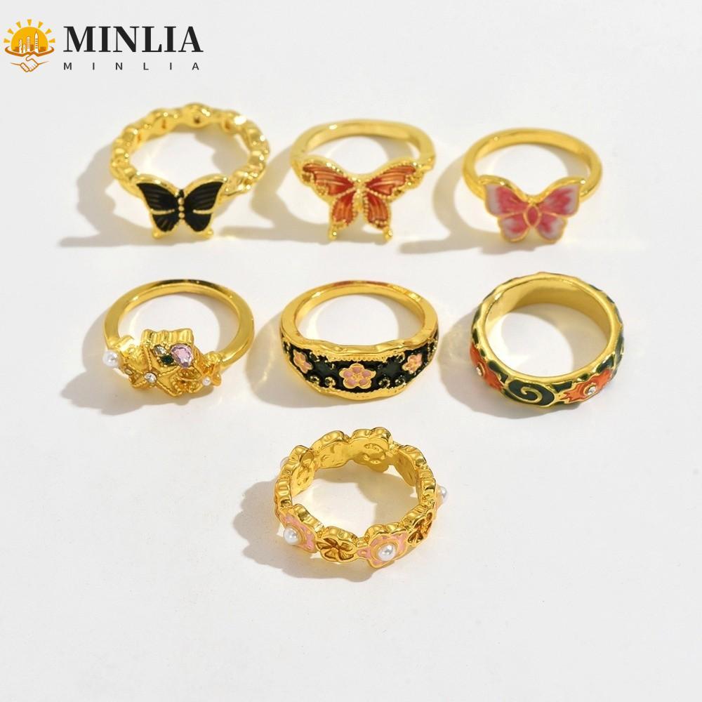 Bộ 7 Nhẫn Men MINLIA - Design Hoa và Bướm, Kim Cương Giả, Phong Cách Hàn Quốc, Idea Perfect Quà Tặng