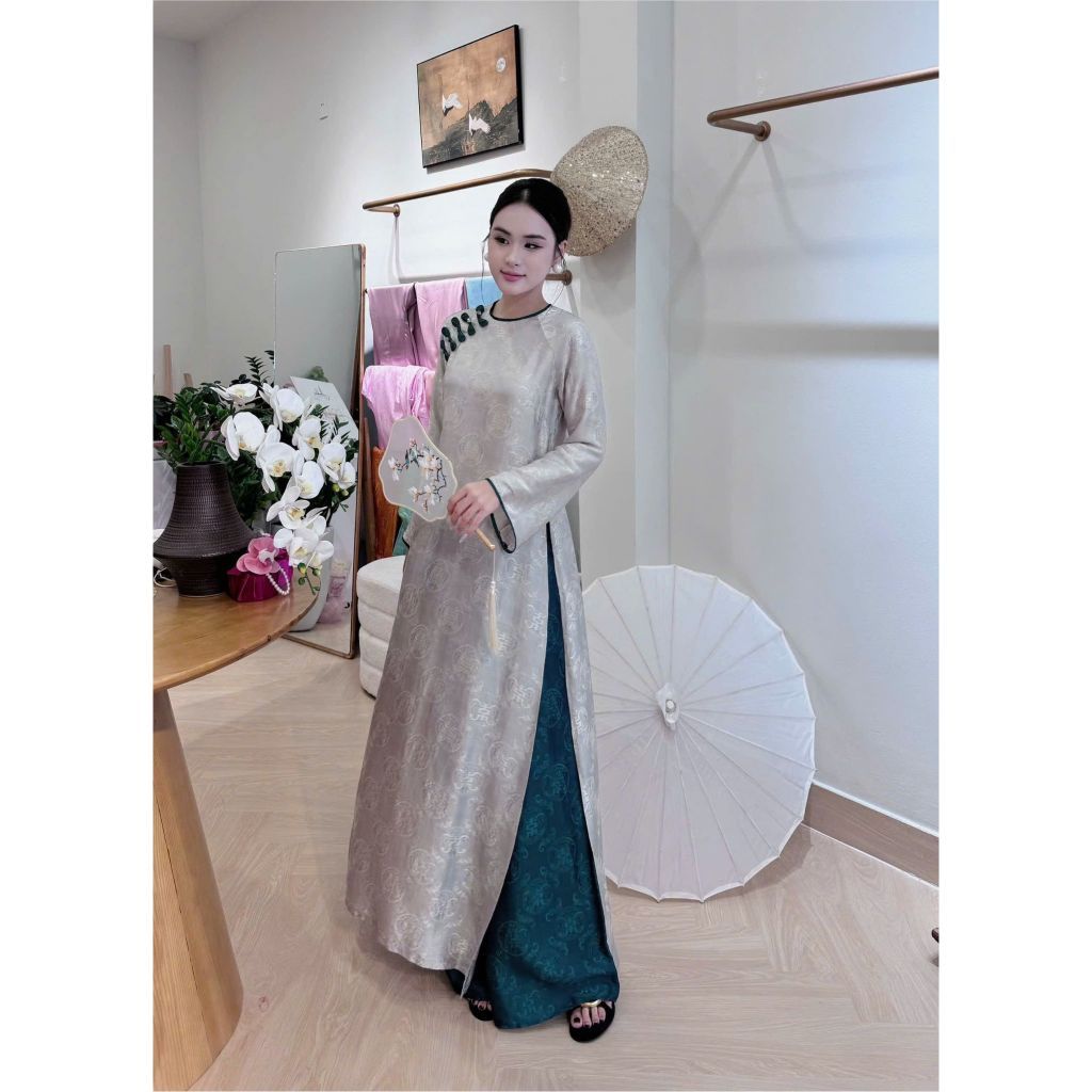 Áo dài cách tân 2 tà lụa tằm cổ tròn fom suông dài cao cấp - Jan Store PH189