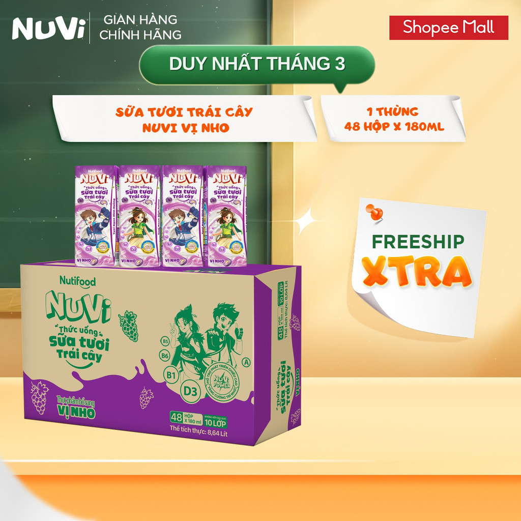 Thùng 48 Hộp Thức Uống Sữa Tươi Trái Cây NuVi Vị Nho 180ml