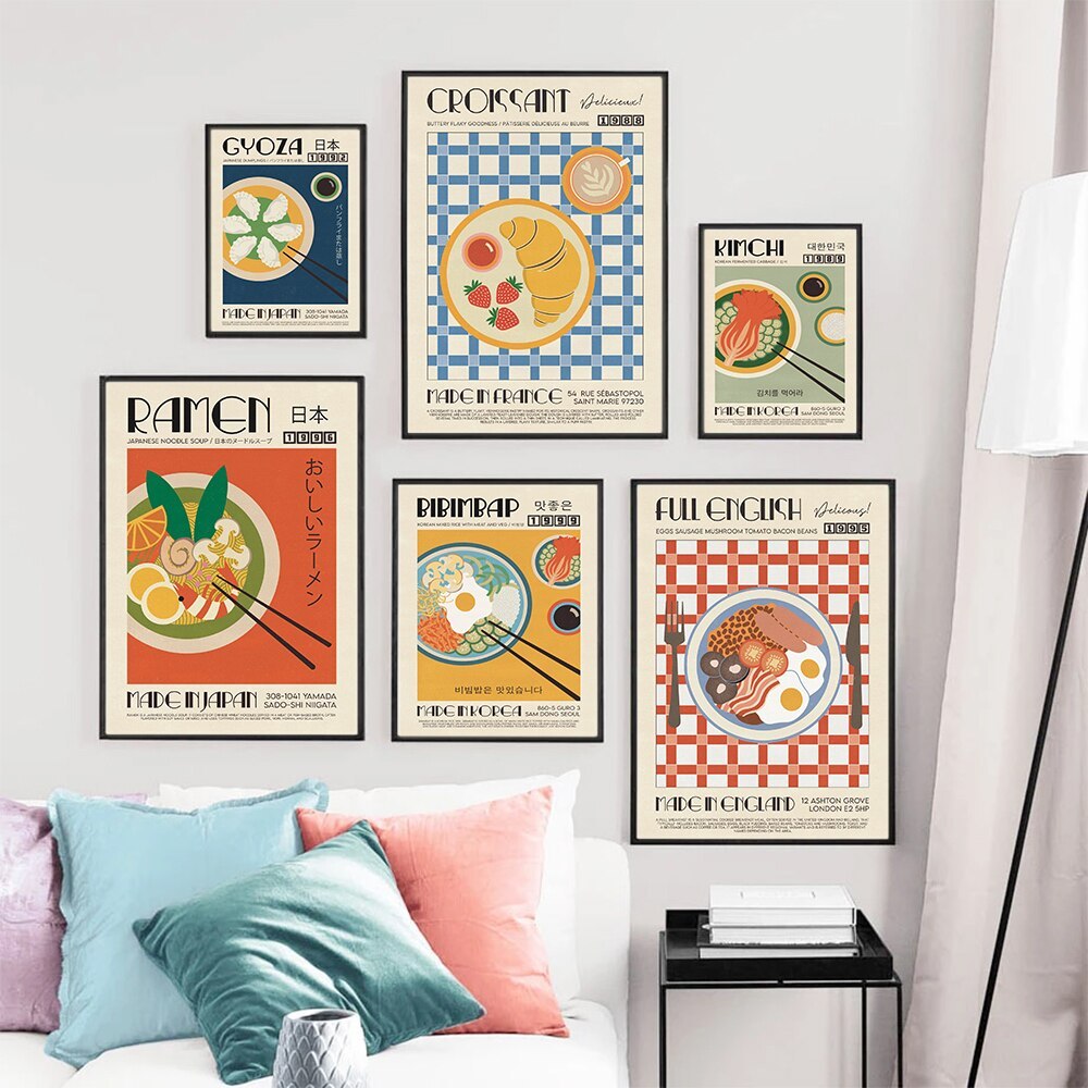 Nhà Bếp Hiện Đại Nghệ Thuật Treo Tường Nhật Bản Thực Phẩm Hàn Quốc Áp Phích Croissant Bibimbap Gyoza