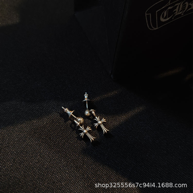 925Silver earrings, cross earrings, Thai silver vintage hip-hop fashion star style