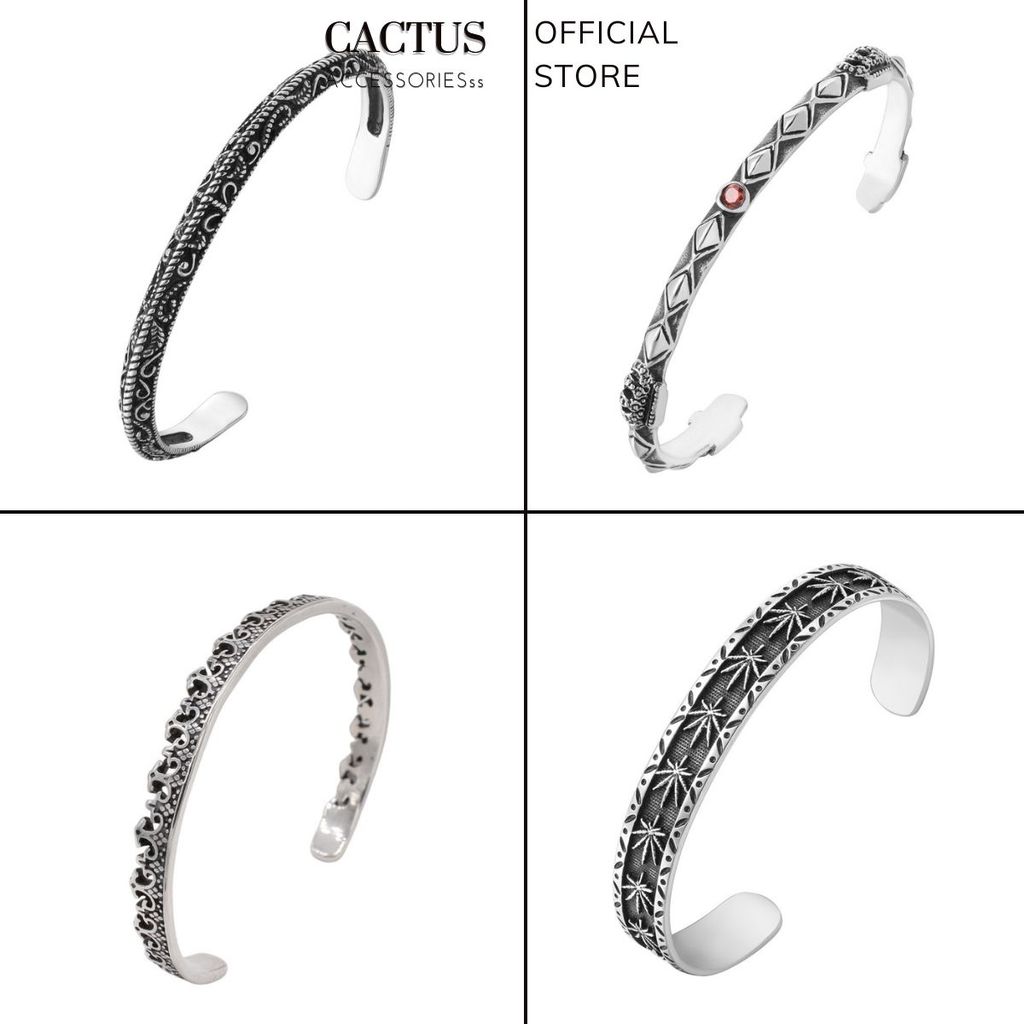 Vòng Tay Nam Cactus Accessories Thép Titan Không Gỉ, Vòng Cuff Freesize Hoạ Tiết Vương Miện Retro