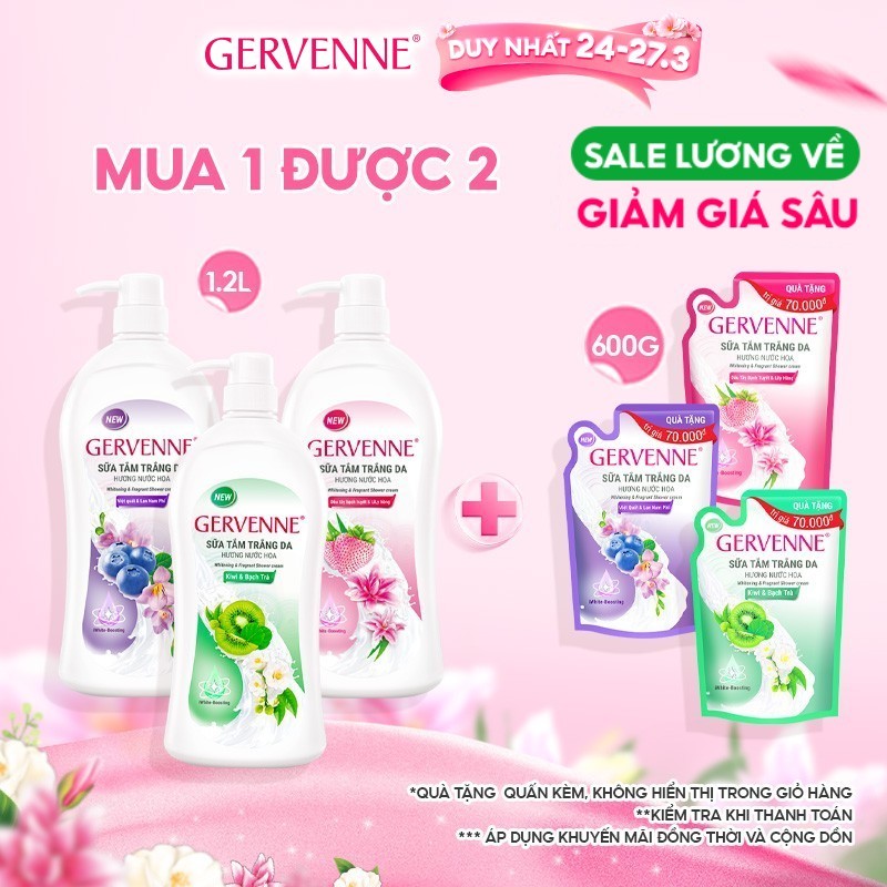 [TẶNG TÚI 600G] Sữa tắm trắng da Gervenne 1.2L + Tặng kèm Túi sữa tắm 600g (Tặng mùi ngẫu nhiên)