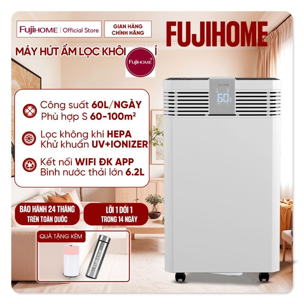 Máy hút ẩm công suất lớn 100m2 Fujihome DH60W-HEPA, công nghệ máy nén lọc không khí HEPA ION