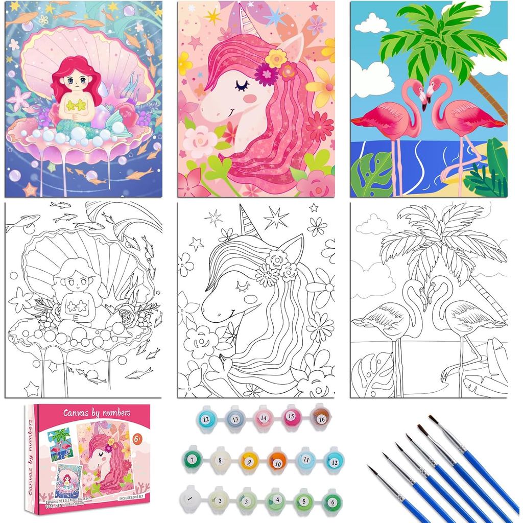 Volmop 3 Gói Paint by Numbers Kit dành cho trẻ em, 10 * 8 "Màu theo số Vải đóng khung với 17 Nồi sơn