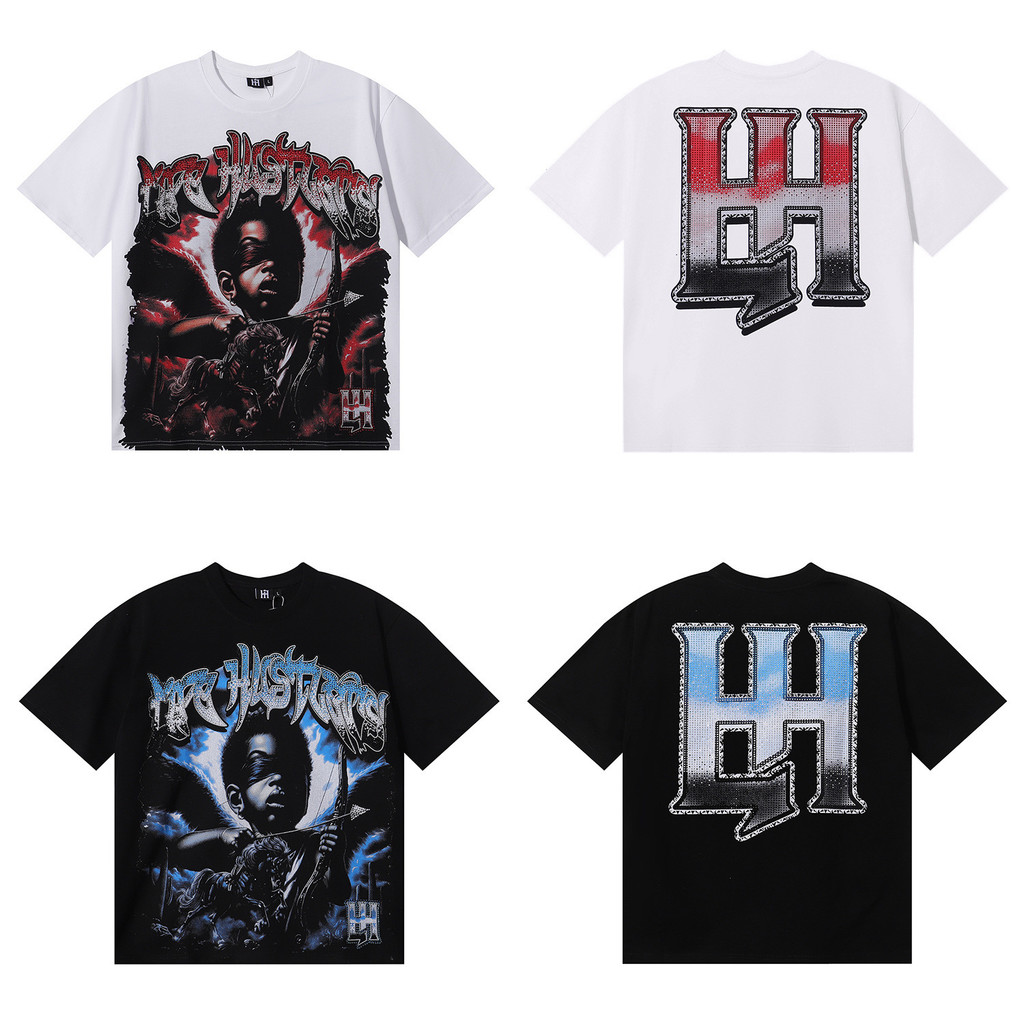 WCRR Life Hustlers Archery Masked Angel Colorful Rhinestone Lettering Unisex Loose Vintage Short Sle