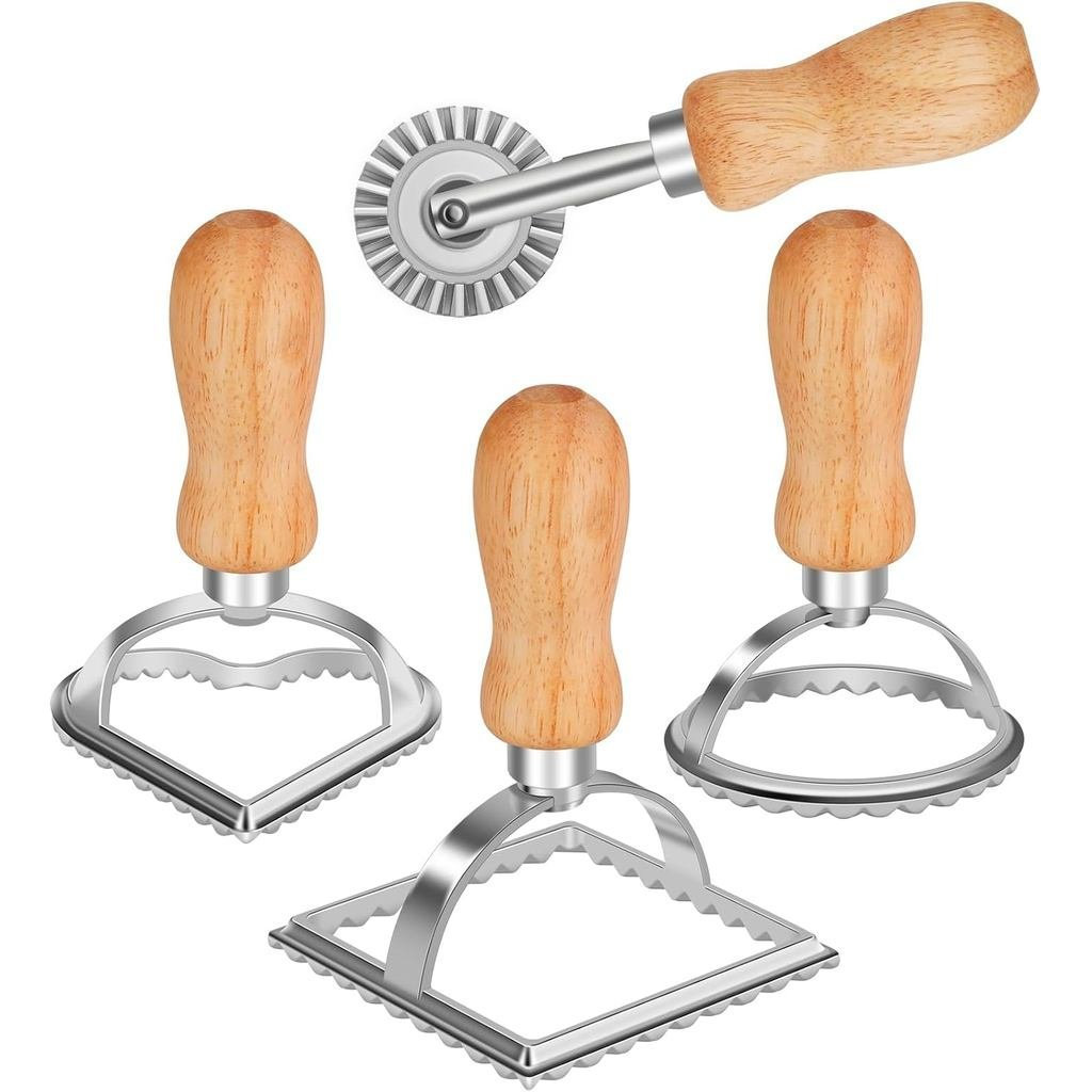 Máy cắt tem TACGEA Ravioli có bánh xe lăn (Bộ 4), Tay cầm bằng gỗ và cạnh rãnh, cho Ravioli, Pasta, 