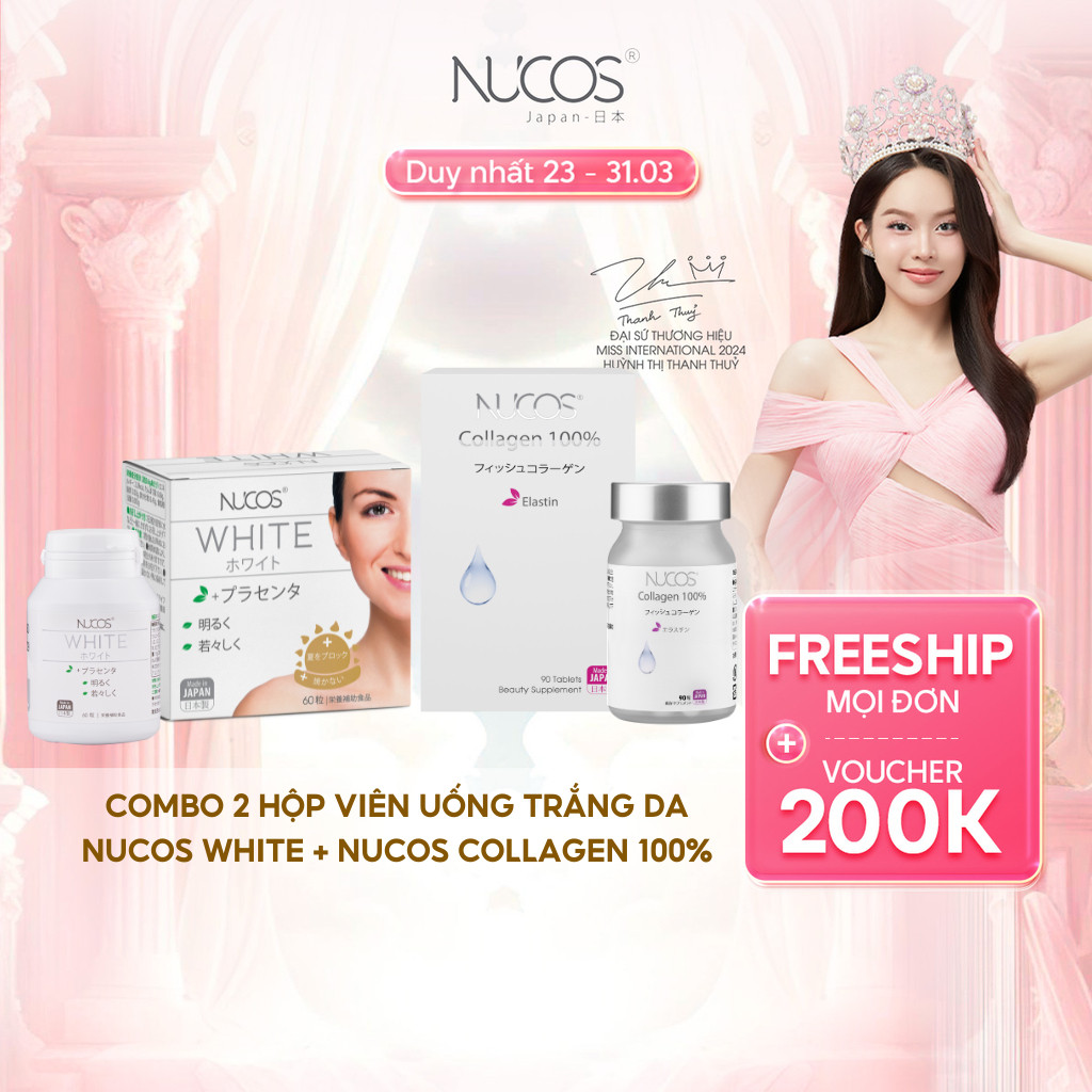 TPBVSK Combo Trắng Da Chống Lão Hoá Viên Uống Nucos White Hộp 60Viên, Nucos Collagen 100% Hộp 90Viên