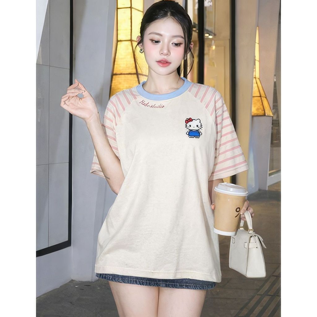 Áo thun boxy sọc ngang raglan kitty form rộng, áo phông nữ nam unisex basic cổ tròn ngắn tay style Y
