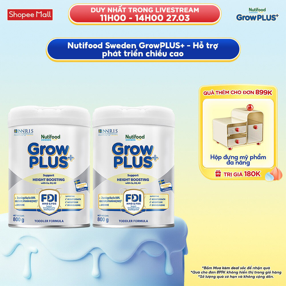 Combo 2 Sữa Bột Nutifood Sweden GrowPLUS+ Cao lớn vượt trội trên 1 tuổi (Bạc) 800g