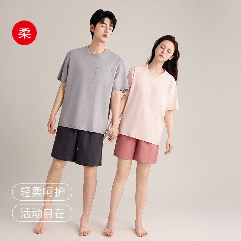 情侣睡衣女夏薄款透气棉短袖短裤套头宽松家居服套装两可外穿Couple Pajamas Women's Summer Thin Breathable Cotton Short-sleeved Short