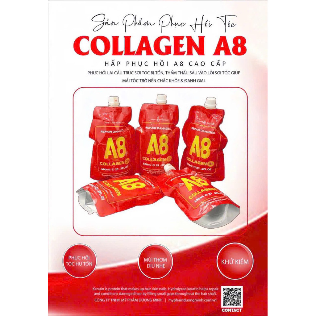 Collagen A8 chính hãng 600ml - Kem hấp tóc phục hồi tóc hư tổn, dưỡng chất từ hạt macca, collagen tó