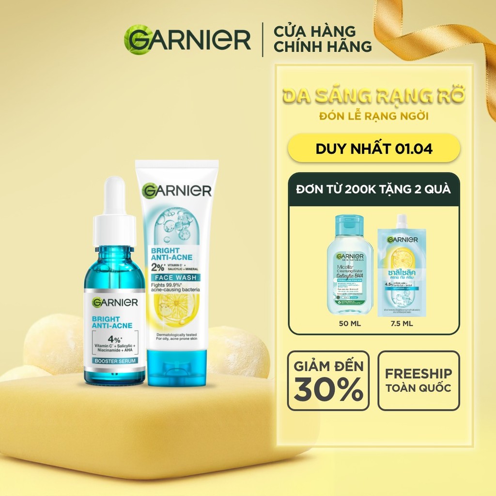 Bộ sản phẩm làm sạch, giảm mụn, dưỡng sáng da Garnier Anti-Acne Serum 30ml & Sữa rửa mặt 3-trong-1 1