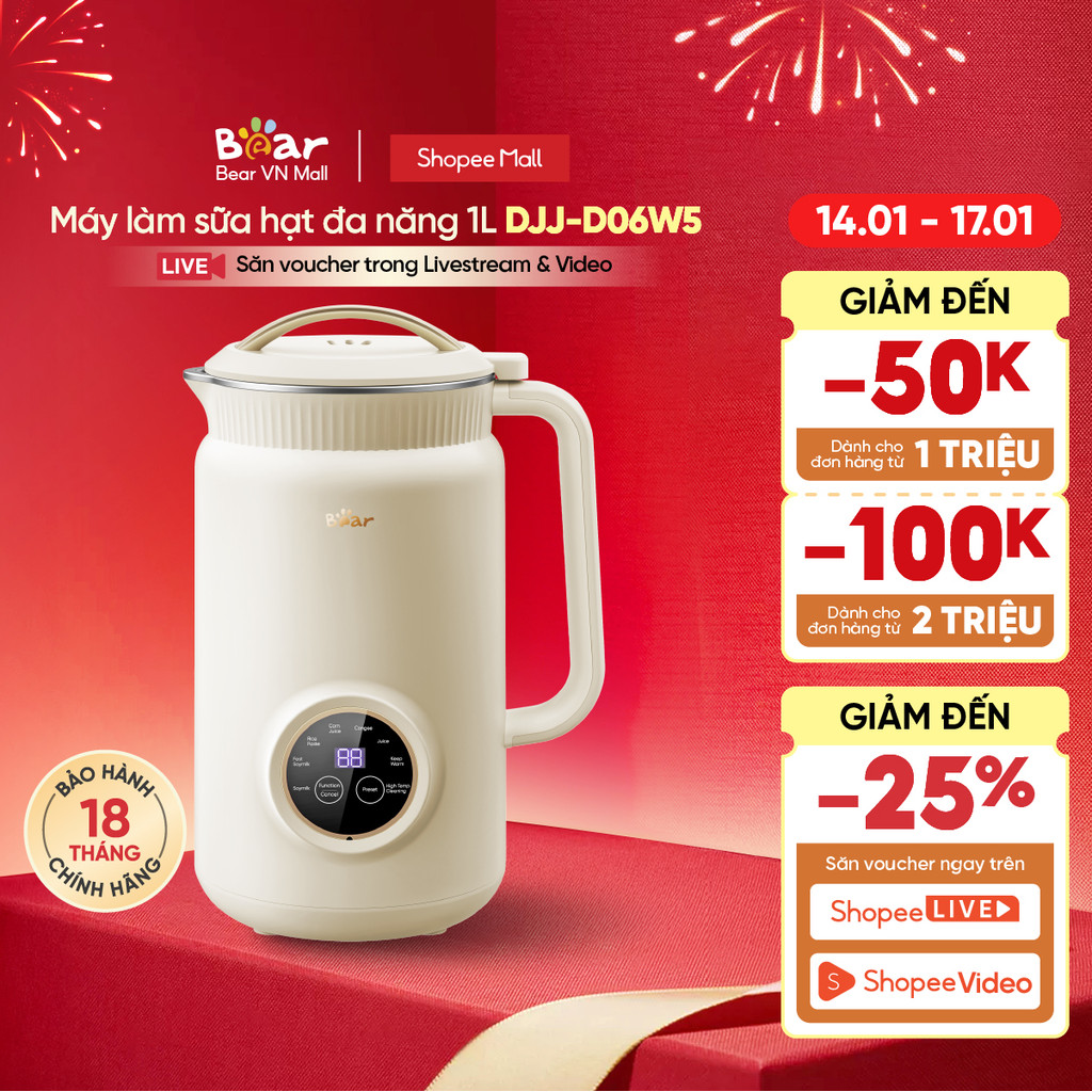 Máy làm sữa hạt 1L Bear DJJ-D06W5 - Hàng Chính hãng