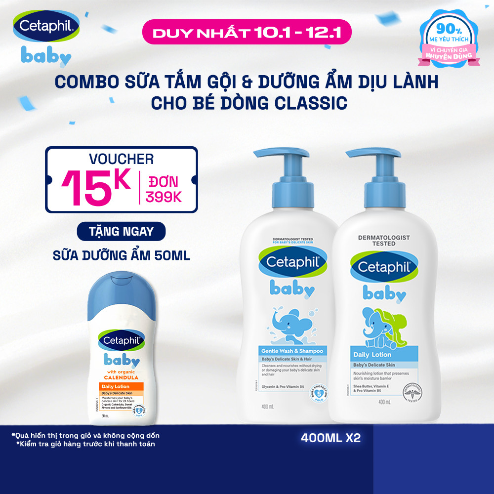 Combo Sữa tắm gội Cetaphil Baby Gentle Wash&Shampoo + Sữa dưỡng ẩm Cetaphil Baby Lotion 400ml/ chai
