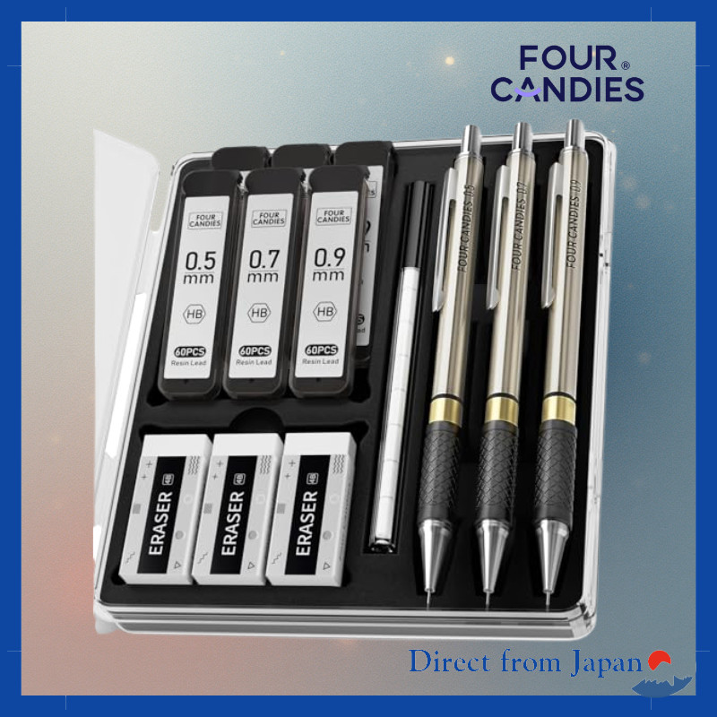 Four Candies Metal Mechanical Pencil Set (3 Pencils), 0.5/0.7/0.9mm, 360 HB Leads, Erasers & Case.