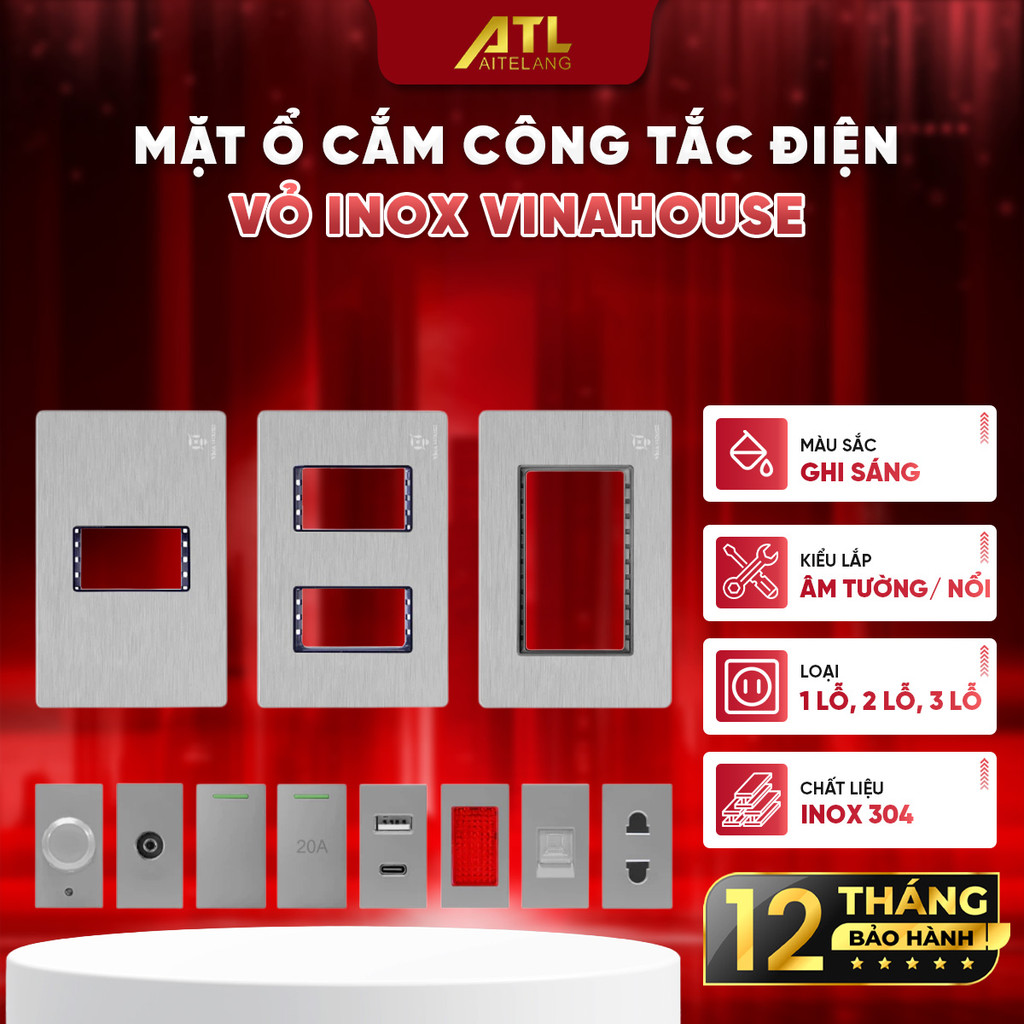 Mặt công tắc ổ cắm Acrylic màu xám VinaHouse cao cấp, sang trọng, bền đẹp, dễ lắp đặt