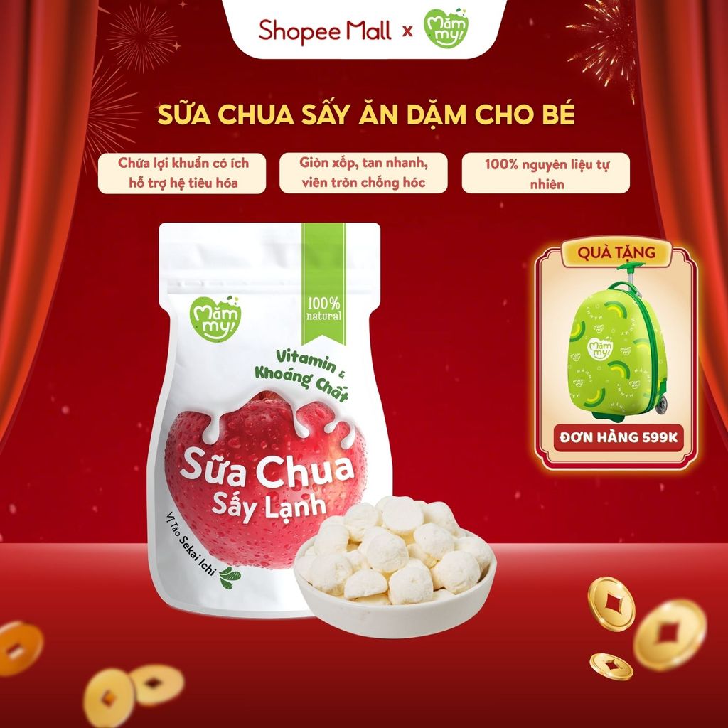 Sữa chua sấy ăn dặm cho bé vị táo Sekai Ichi Mămmy, viên tròn chống hóc, bé từ 6 tháng, gói 20 gram