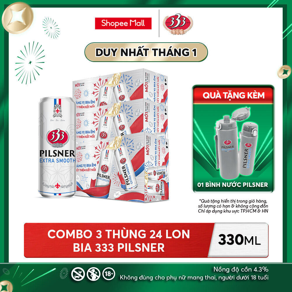 Nồng Độ Cồn 4.3% - Combo 3 Thùng 24 Lon Bia 333 Pilsner 330ml