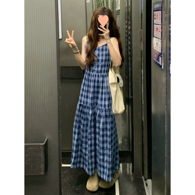 Đầm dây kẻ caro mùa hè, đầm dài kẻ caro cho phụ nữ, đầm nhỏ trẻ trung và xinh đẹp