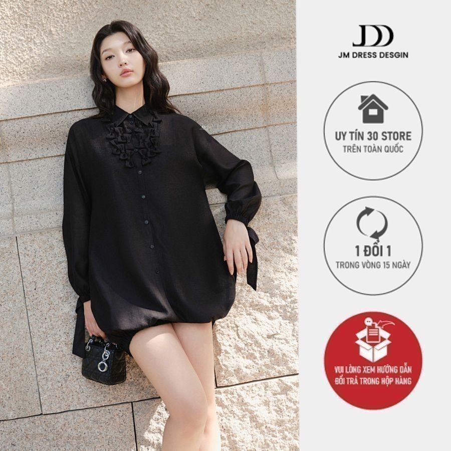 Đầm sơ mi chun gấu phong cách Minimalist Romantic 1S48.2506OG, váy sơ mi tơ form rộng thiết kế bởi J