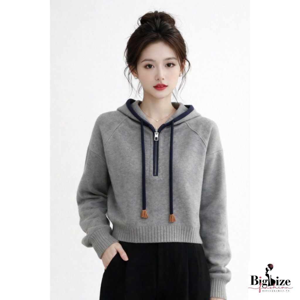 MẬP STYLE (47-90 KG) ÁO XÁM COZY, ÁO CHẤT THUN LEN CO GIÃN, FORM HOODIE NĂNG ĐỘNG