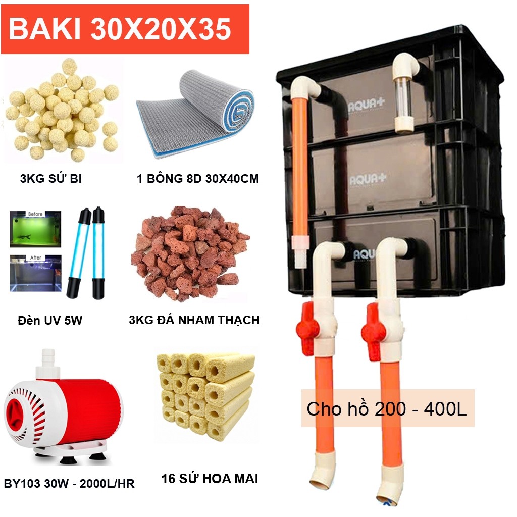Bộ Lọc Hồ Cá Koi 200-400L: Thùng Bakki 3 Tầng, Bơm Baoyu 30W, Đèn UV & Vật Liệu Lọc Đầy Đủ