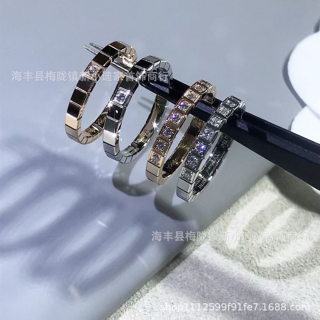 V Gold CNC Small Ice Cube Narrow Inlaid Diamond Ring Wide Stacking Ring Full Diamond Couple Rings