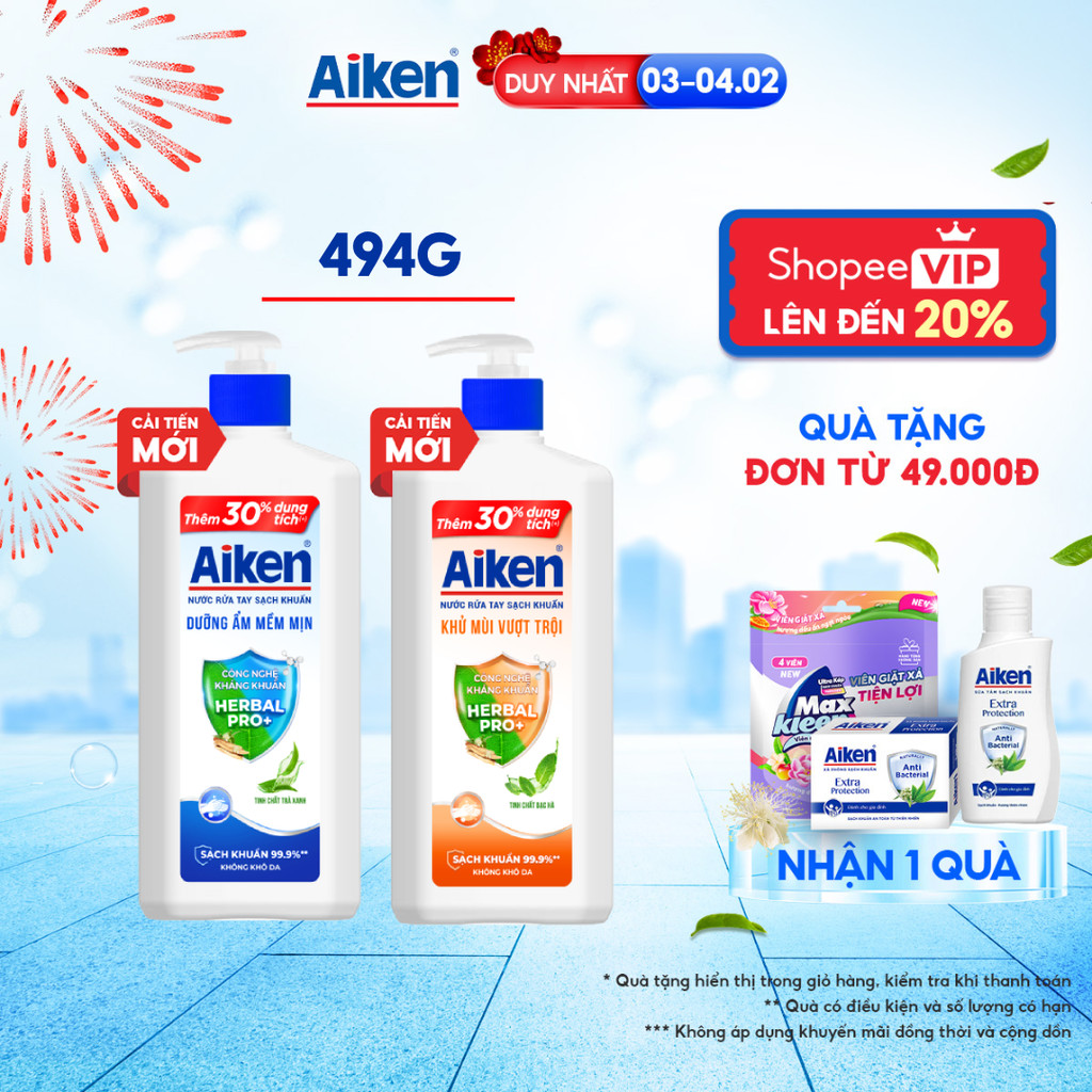 Nước rửa tay Aiken Sạch khuẩn Dưỡng ẩm / Khử mùi 494g