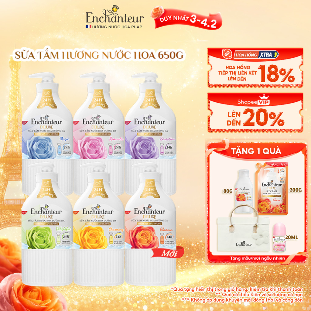 [MÙI HƯƠNG MỚI] Sữa tắm hương nước hoa Pháp Enchanteur Deluxe 650g / 900g - Mềm mịn như lụa Lưu hươn
