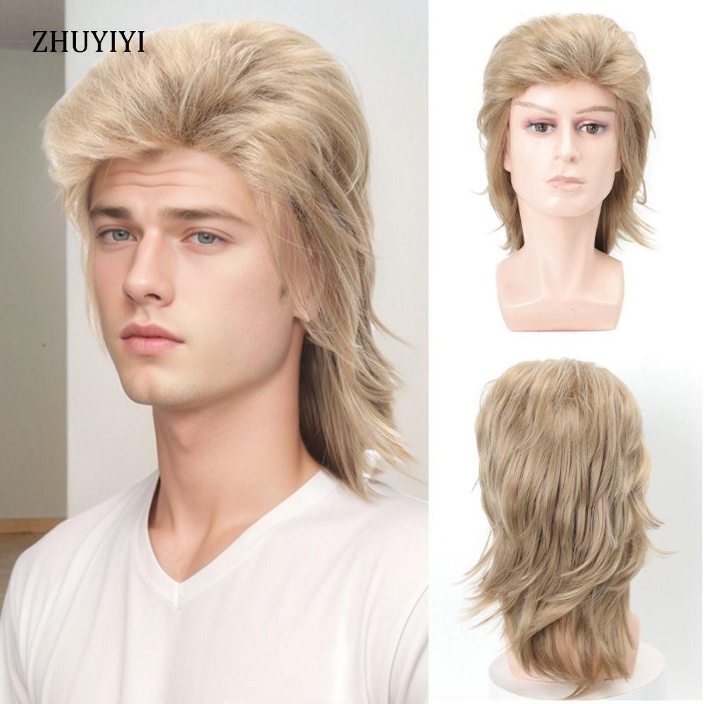 Zhuyiyi Tóc Giả Mullet Nam, Style Retro 70s-80s, Tóc Tổng Hợp Xoăn Tự Nhiên Cho Hàng Ngày