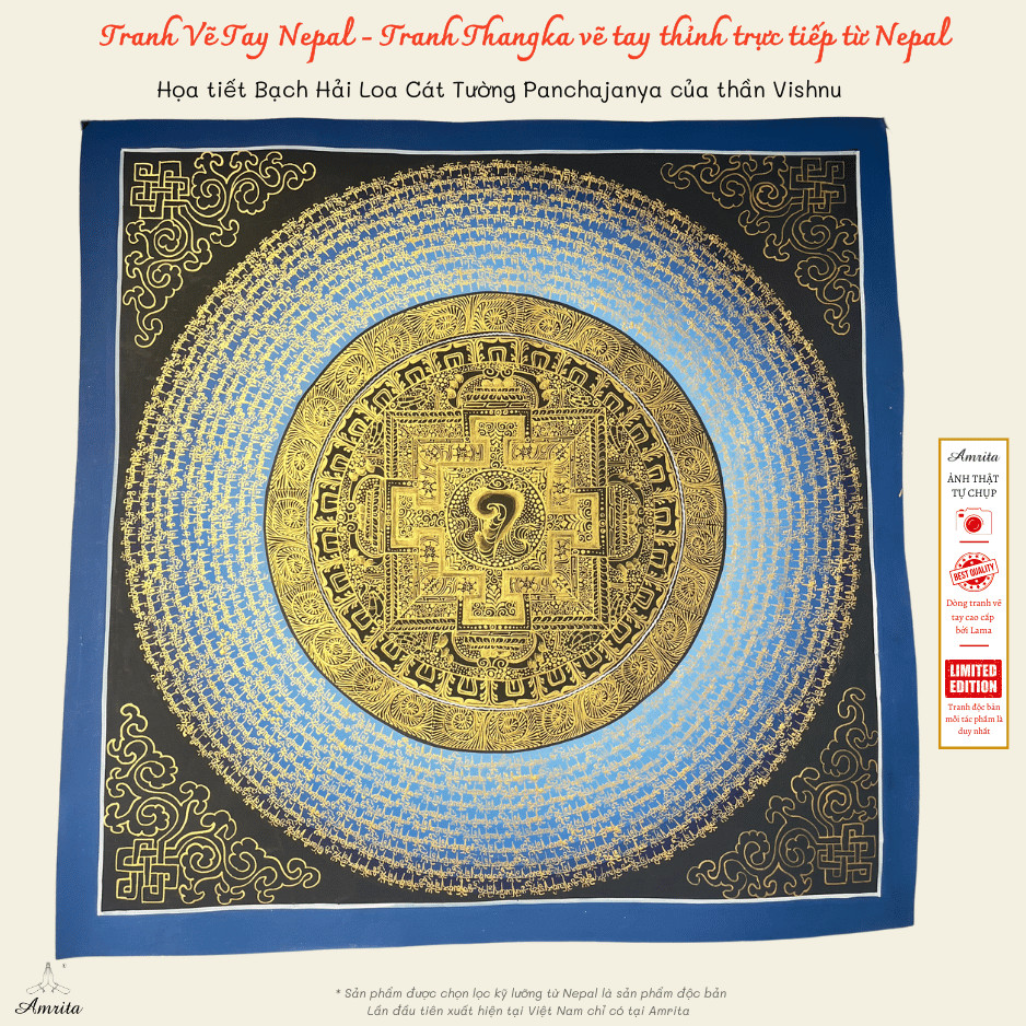 [Tranh Vẽ Tay Nepal Amrita ] Họa tiết Bạch Hải Loa Cát Tường Panchajanya của thần Vishnu -CXNP399-Tr