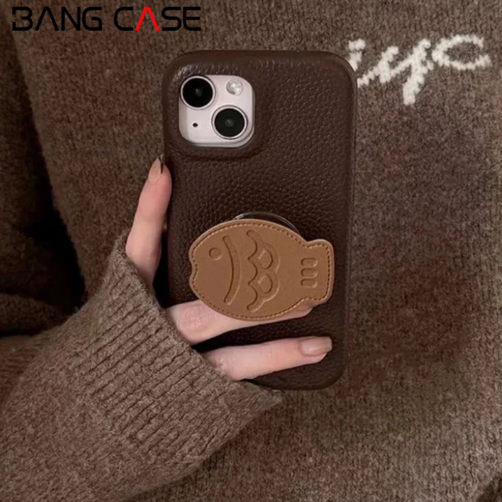 Hot Leather Texture Phone Case for IPhone 17 16 15 14 13 12 11 Pro Max Xr Xs Max 7 8Plus Soft Cover with Fish Bracket